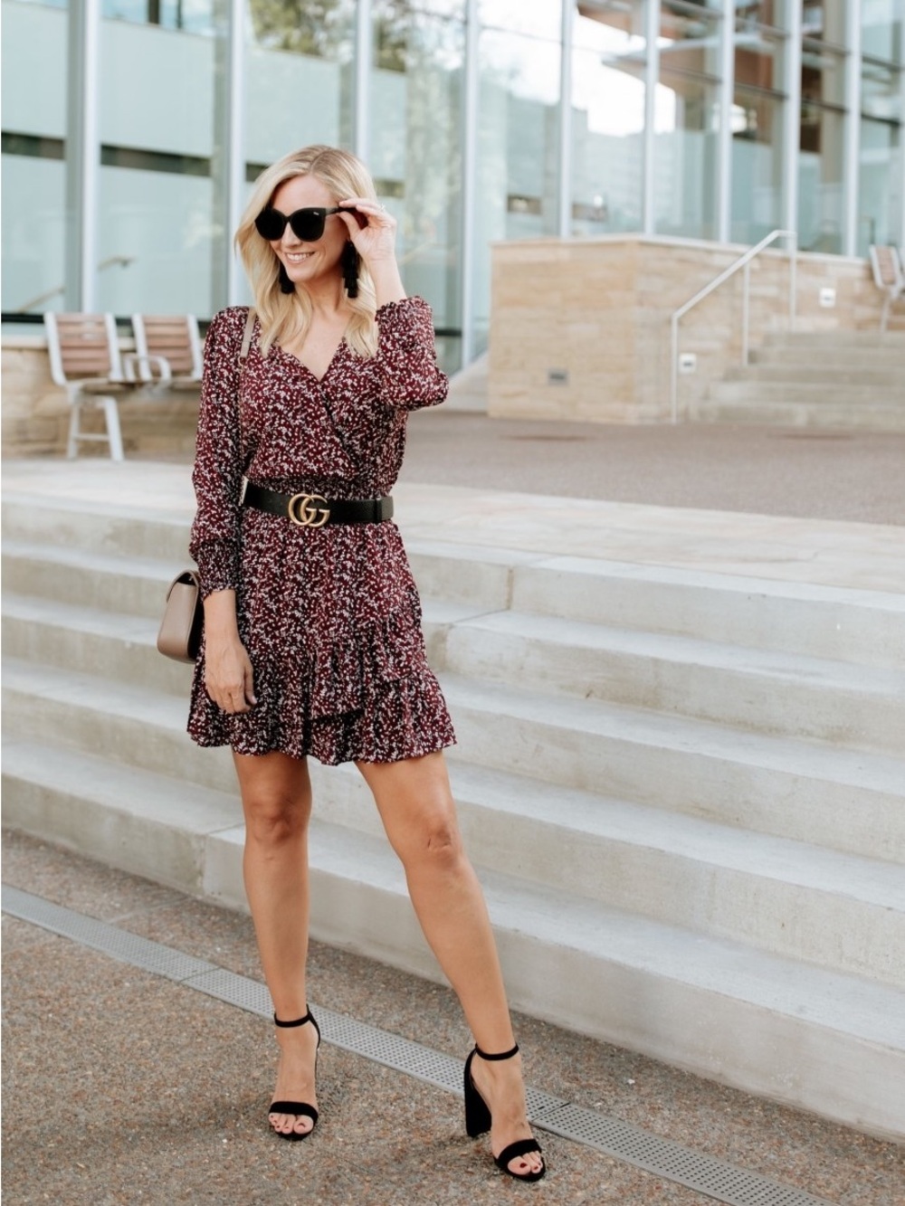 Michael Kors Floral Smocked Mini Dress Burgundy Long Sleeve V-Neck Size S - Picture 12 of 16